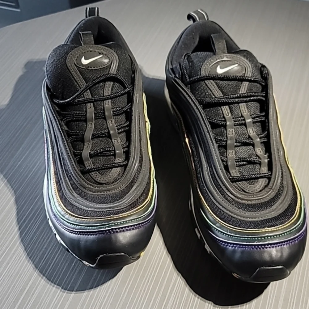 Nike Air Max 97 Black Leather&Mesh W/ Yellow/Green/Purple/Red Stitch Wo…‎